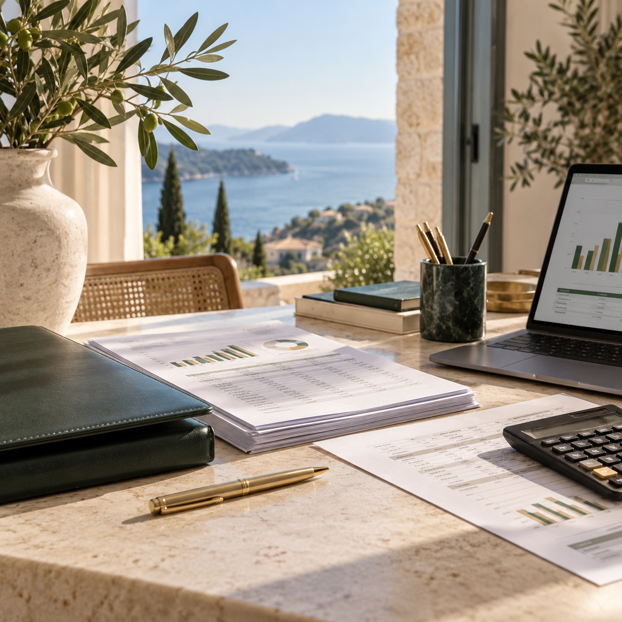Financial documents, calculator and laptop arranged on a sunlit accounting office desk